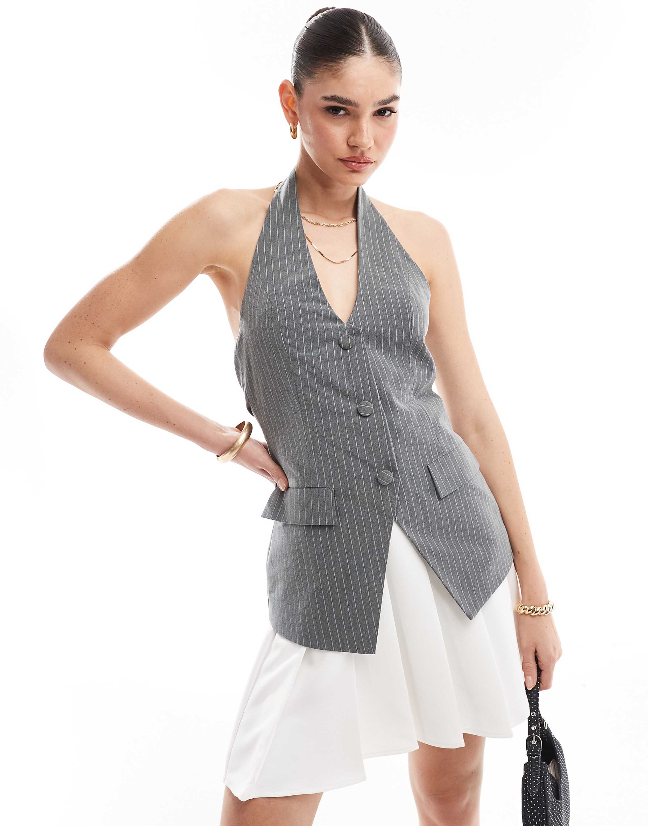 grey vest dress 2 In 1 Tailored Pleat Mini In Gray Pinstripe – Extro&Vert Sweater dress