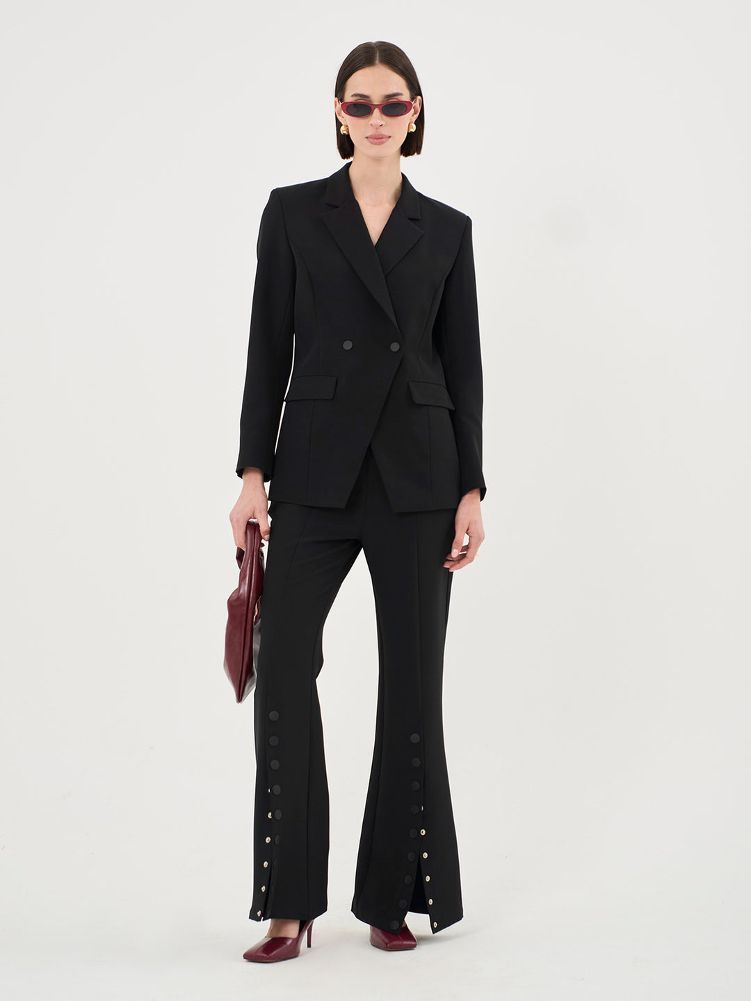 BUTTON DETAIL FLARE LEG TAILORED TROUSER