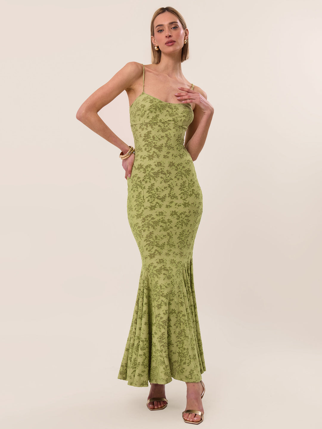 BURNOUT JACQUARD FISHTAIL MAXI DRESS