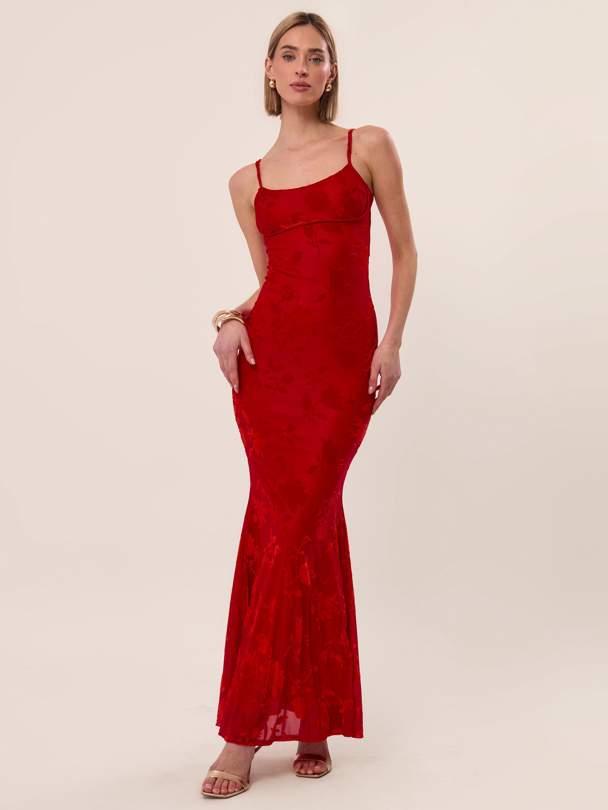floral burnout maxi dress Strappy Floral Burnout Maxi Dress In Red 6 / D-E