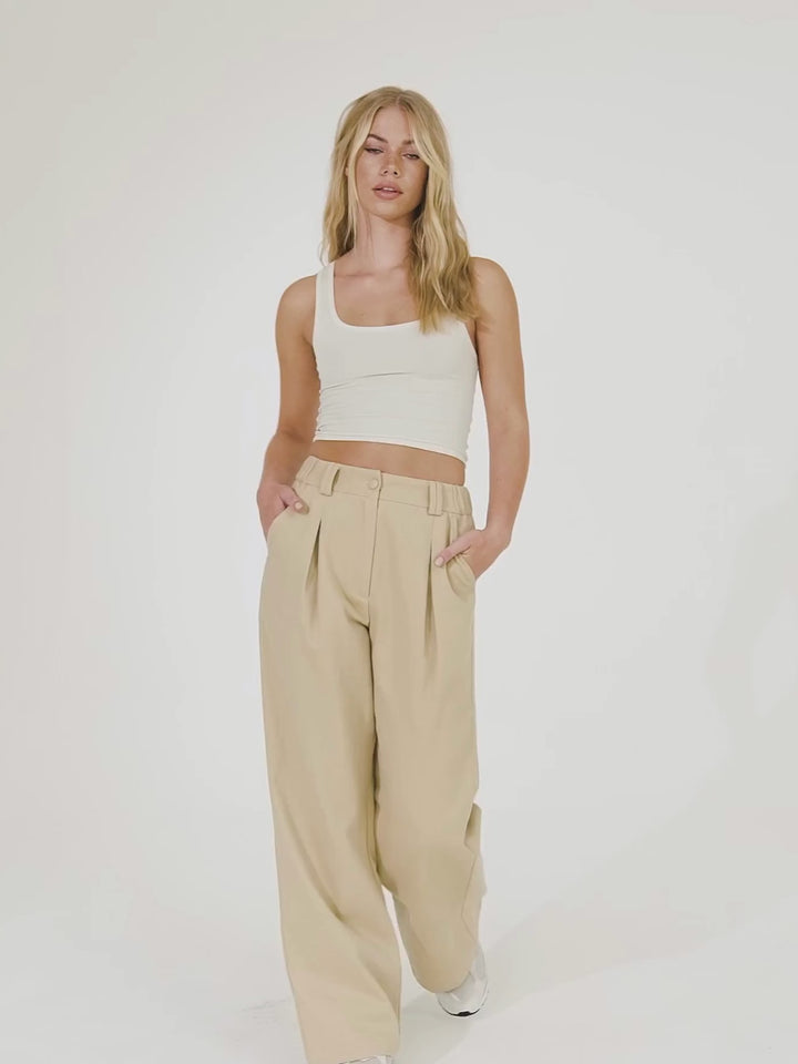 Pleated Wide Leg Trouser Co-ord - Beige