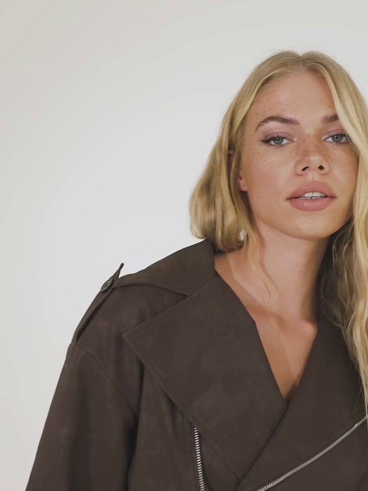 Oversized Cropped Faux Leather Biker Jacket - Brown