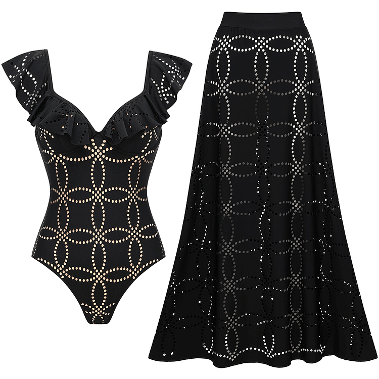 Underwired Black Ruffle Laser Cutting Flower One Piece Swimsuit and Skirt