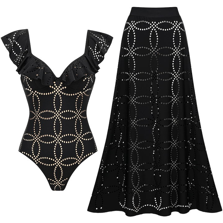 Underwired Black Ruffle Laser Cutting Flower One Piece Swimsuit and Skirt