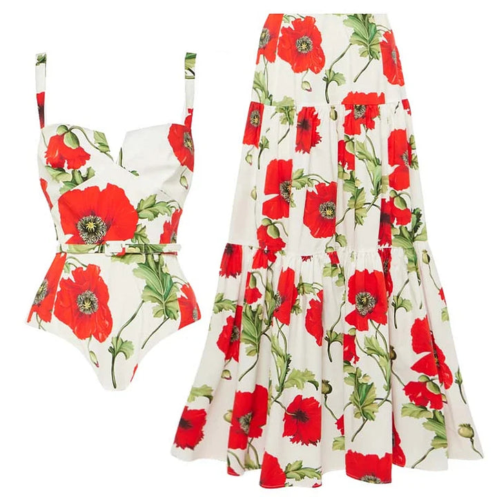 Poppy Flower Printed One Piece Swimsuit and Skirt