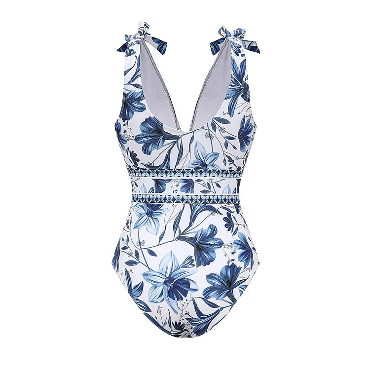 Blue Florals Printed V Neck Lace Up One Piece Swimsuit