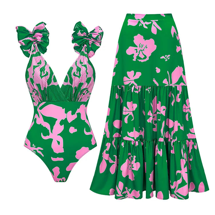 Fashionable Ruffled One-Piece Swimsuit&Long Skirt