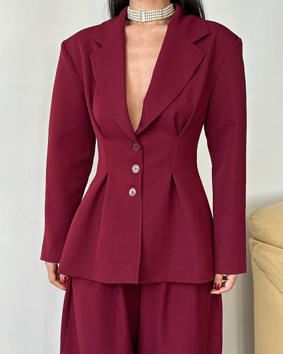 Pleated Detailed Blazer - Wine