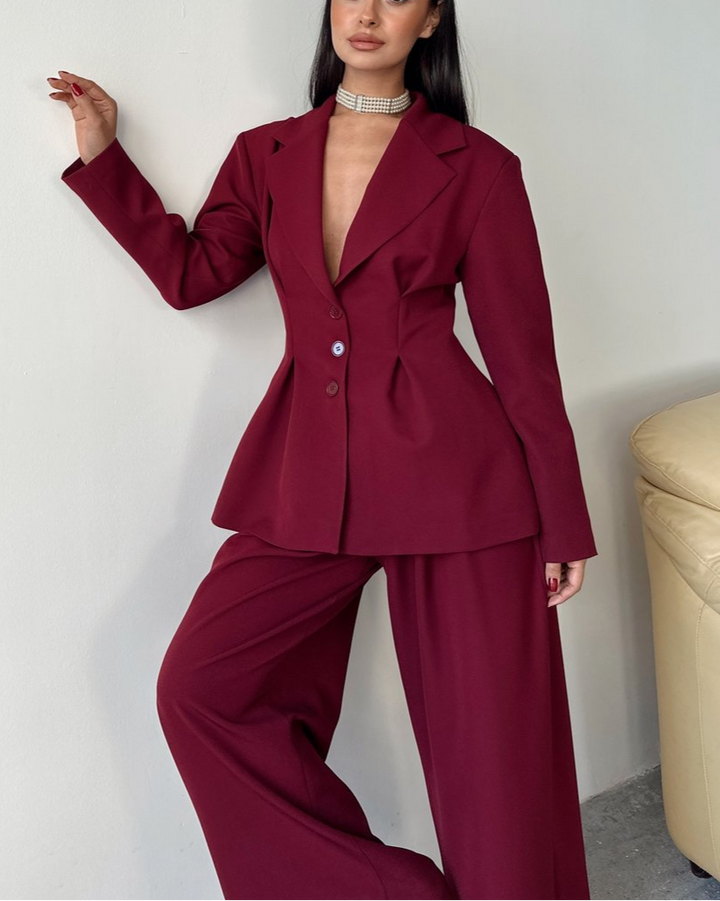 Pleated Detailed Blazer - Wine