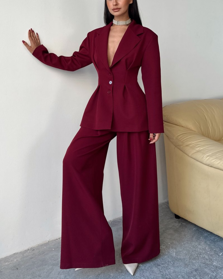 Pleated Detailed Blazer - Wine