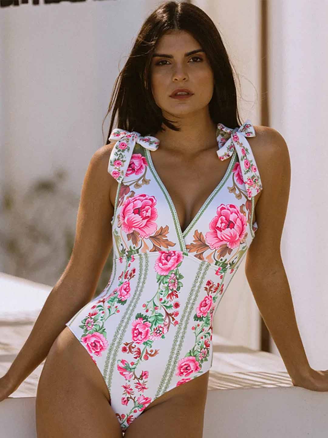 Fresh Pink Flower Print One-Piece Swimsuit Set