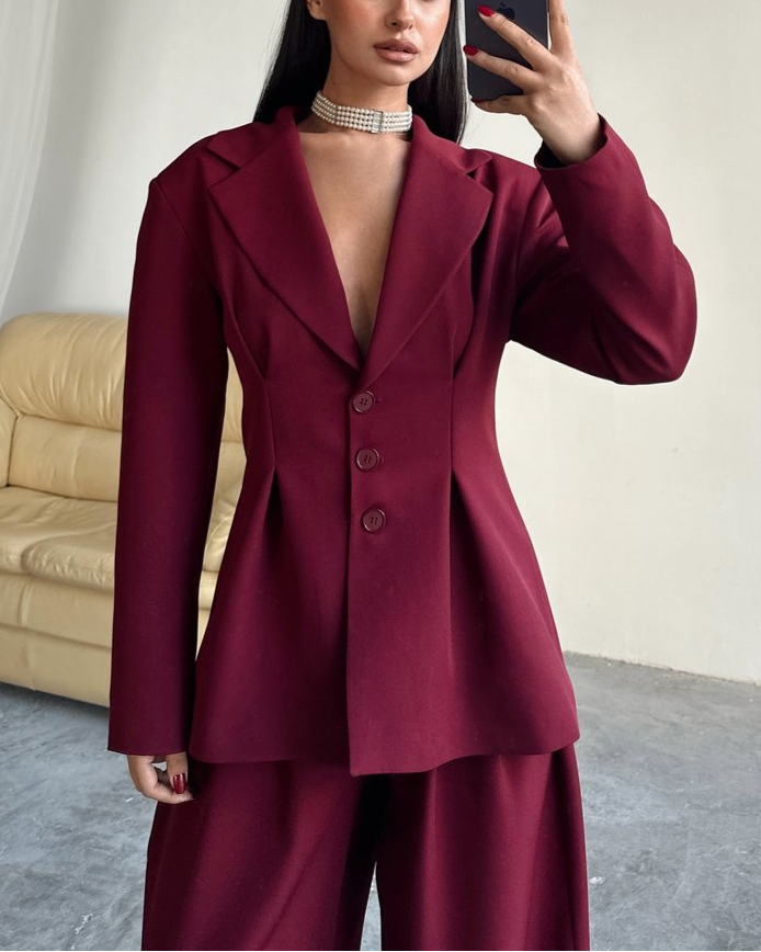 Pleated Detailed Blazer - Wine