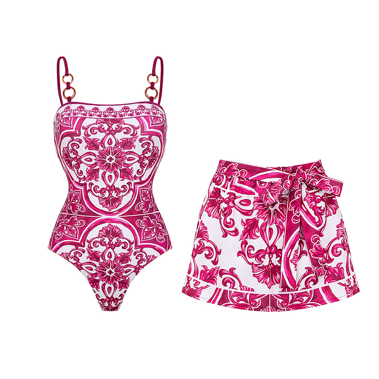 Retro Series Majolica Series Print One Piece Swimsuit Set