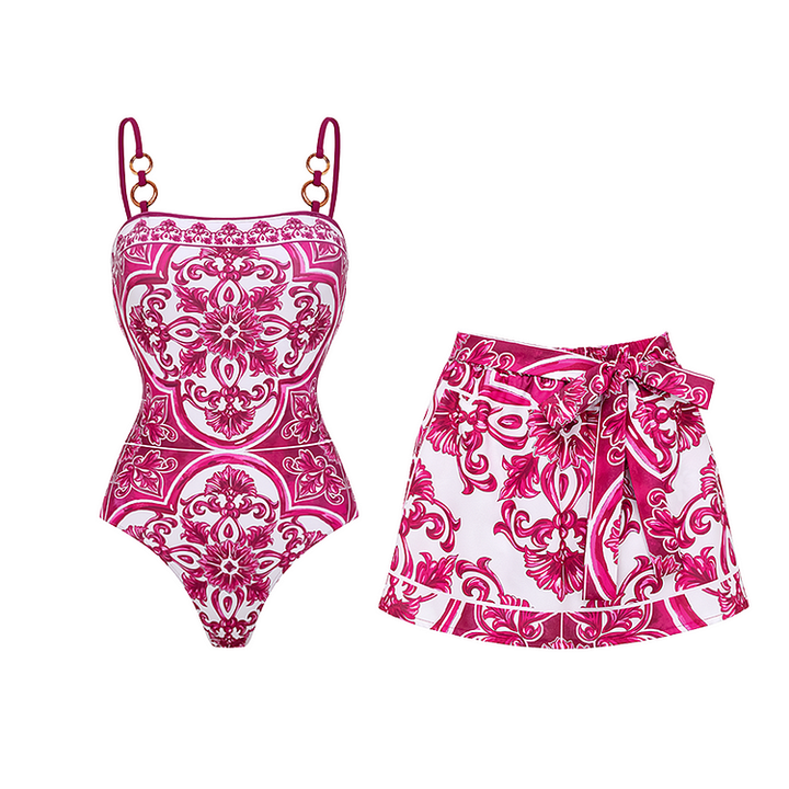 Retro Series Majolica Series Print One Piece Swimsuit Set