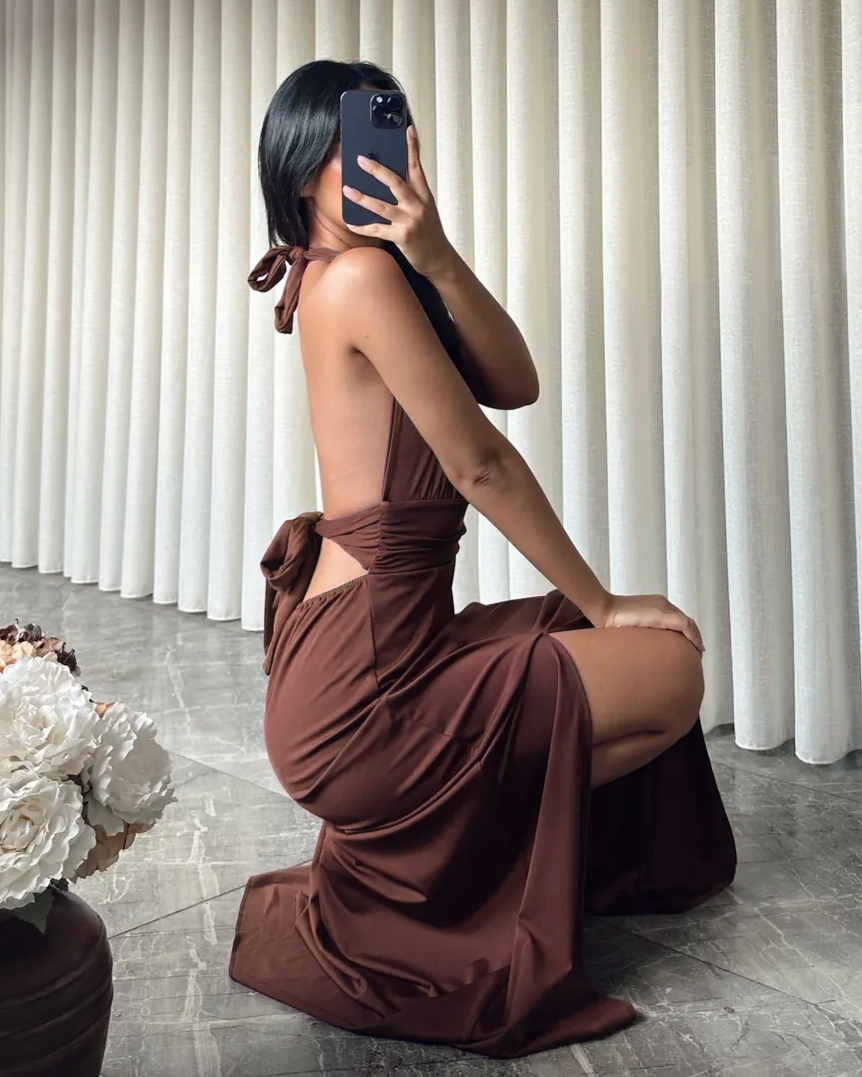 Pure Color Elegant Deep-V Maxi Dress - Brown