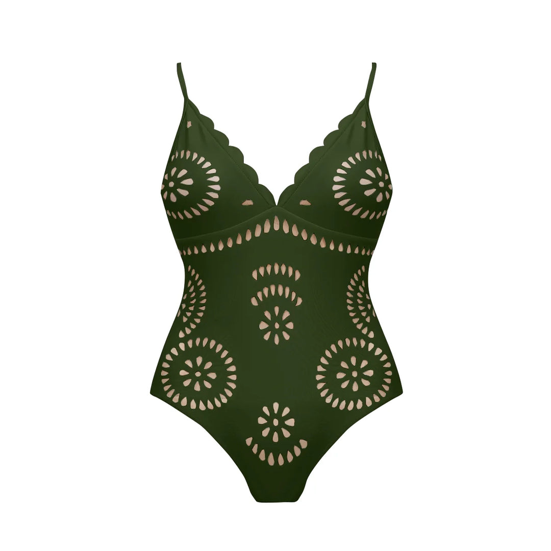 Army Green Cut-Out Floral Print One-Piece Swimsuit&Long Skirt