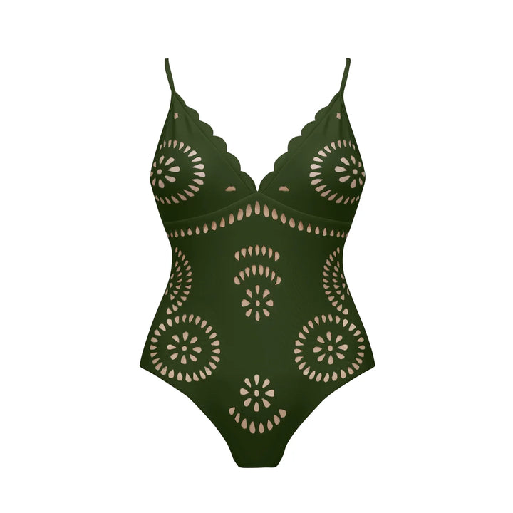 Army Green Cut-Out Floral Print One-Piece Swimsuit&Long Skirt