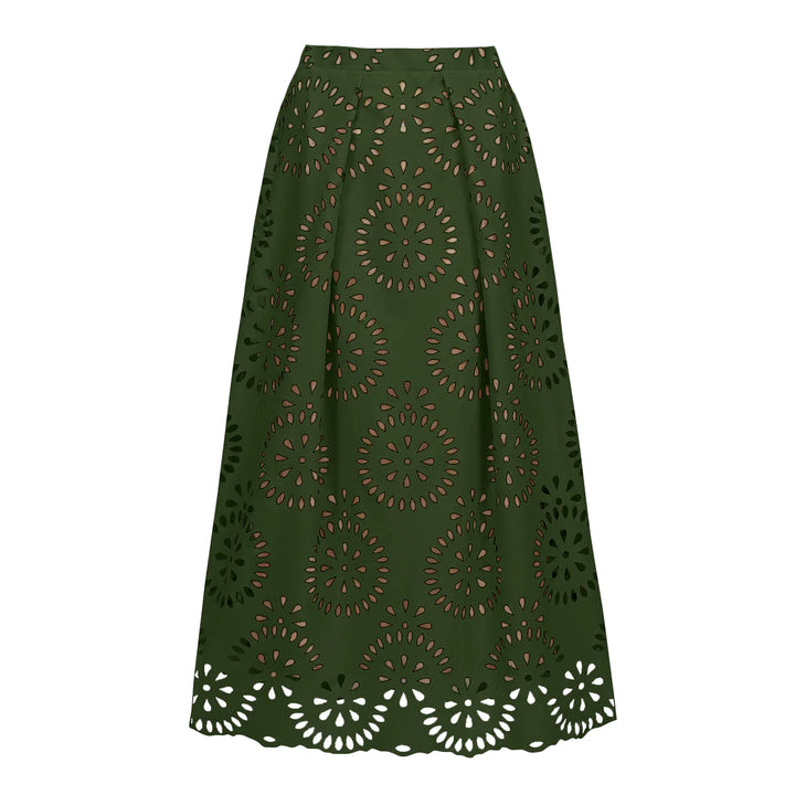 Army Green Cut-Out Floral Print One-Piece Swimsuit&Long Skirt