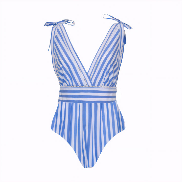 Blue Striped V-Neck One-Piece Swimsuit&Long Skirt