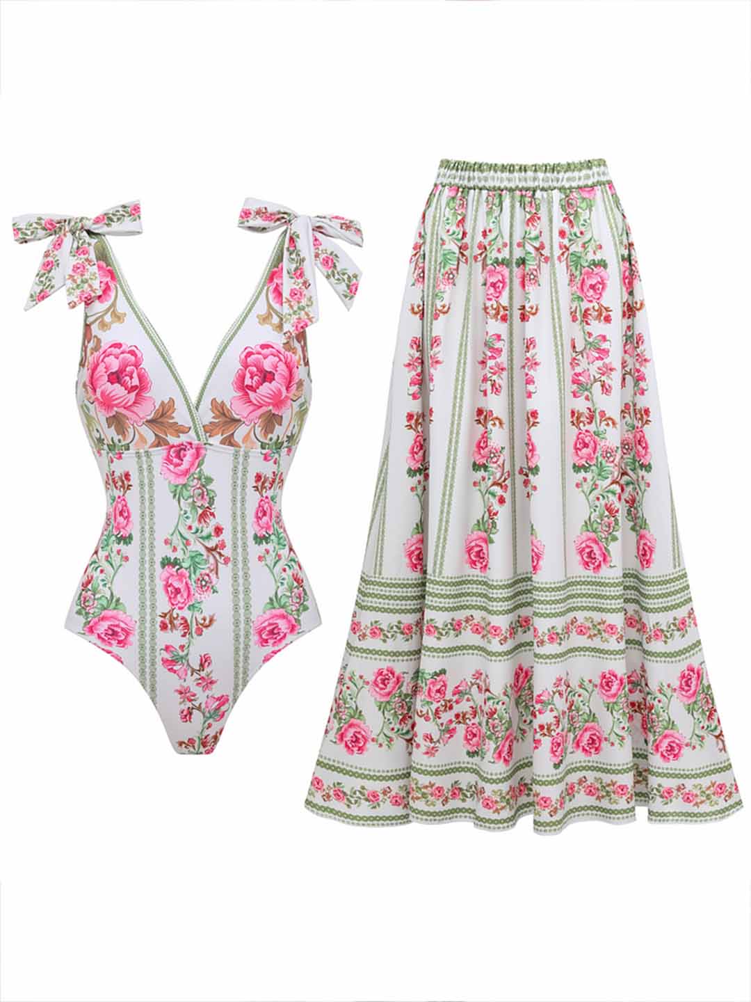 Fresh Pink Flower Print One-Piece Swimsuit Set