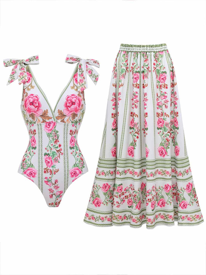 Fresh Pink Flower Print One-Piece Swimsuit Set