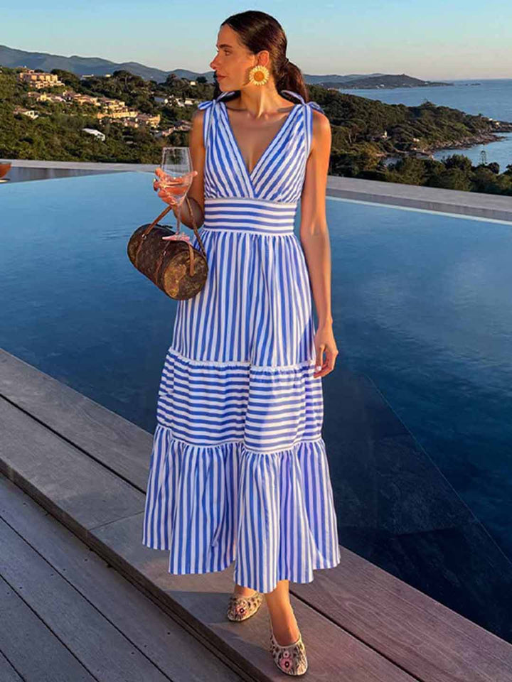 Blue Striped V-Neck One-Piece Swimsuit&Long Skirt