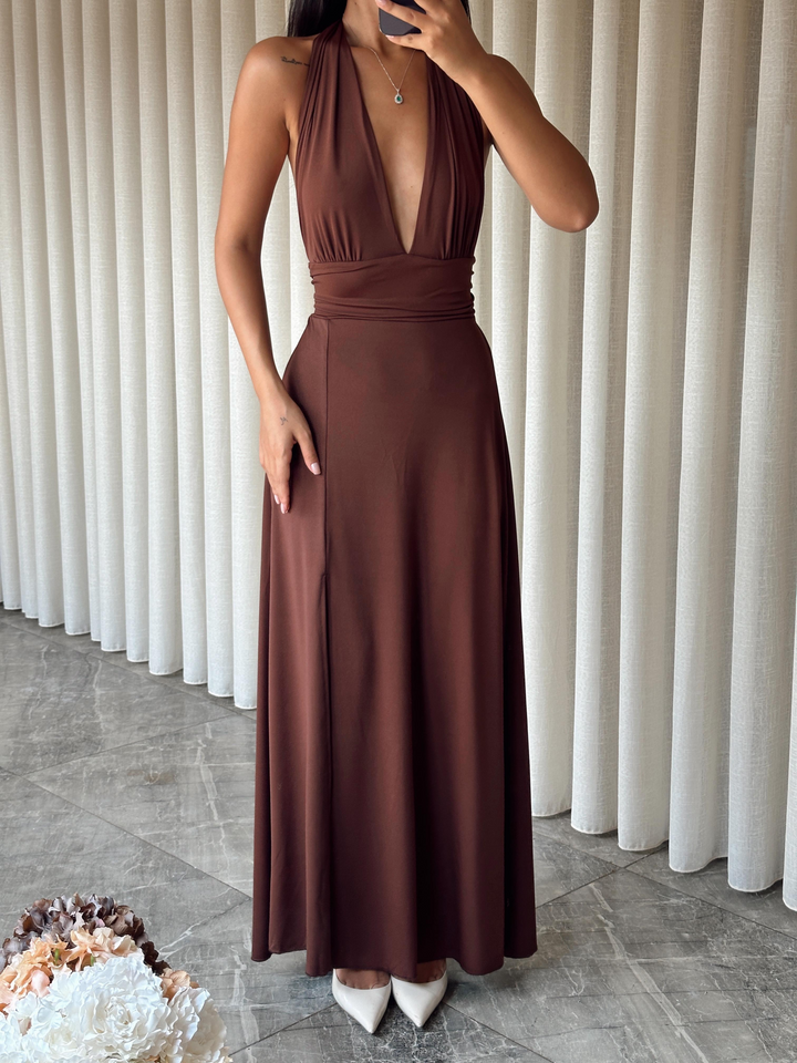 Pure Color Elegant Deep-V Maxi Dress - Brown