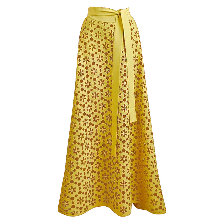 Yellow Color Laser Cutting Flower Hollow One Piece Swimsuit and Skirt