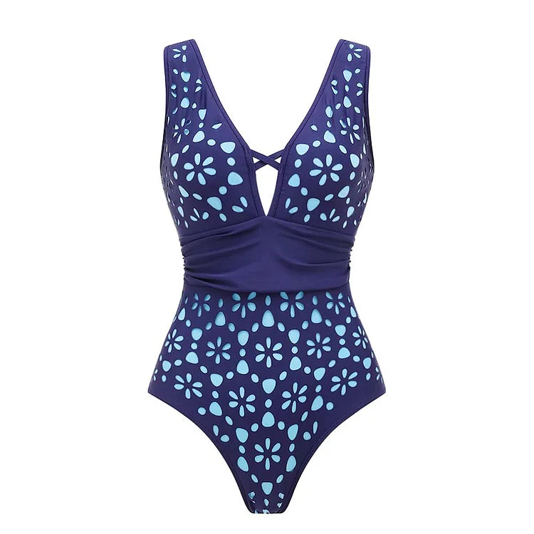 Blue Hollow Out One Piece Swimsuit and Skirt