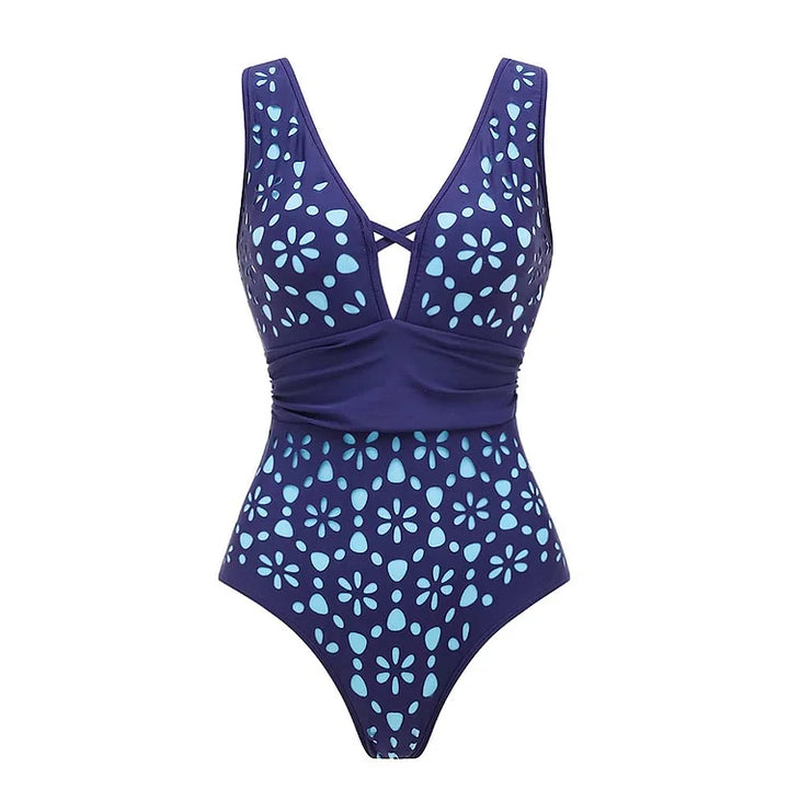 Blue Hollow Out One Piece Swimsuit and Skirt