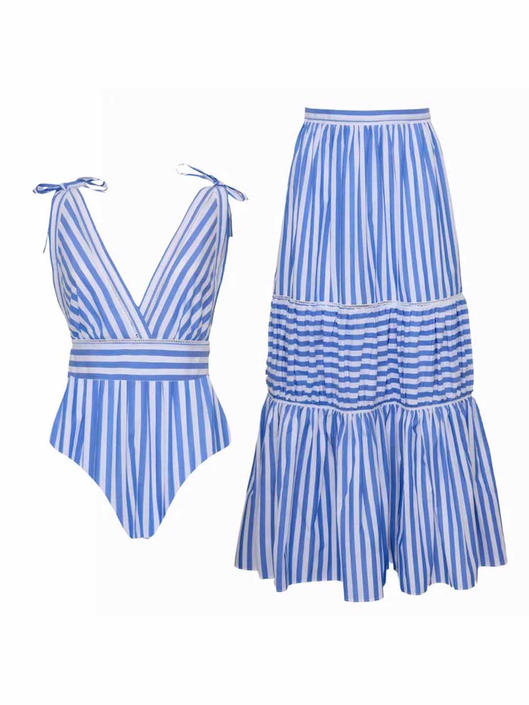 Blue Striped V-Neck One-Piece Swimsuit&Long Skirt
