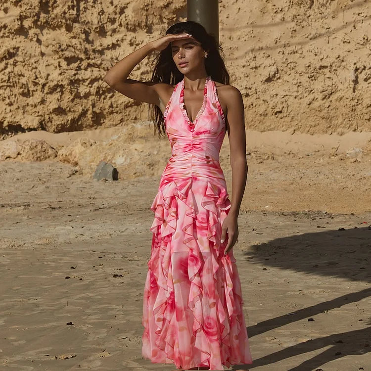 Pink Flower-dyed Halter Neck One Piece Swimsuit and Skirt