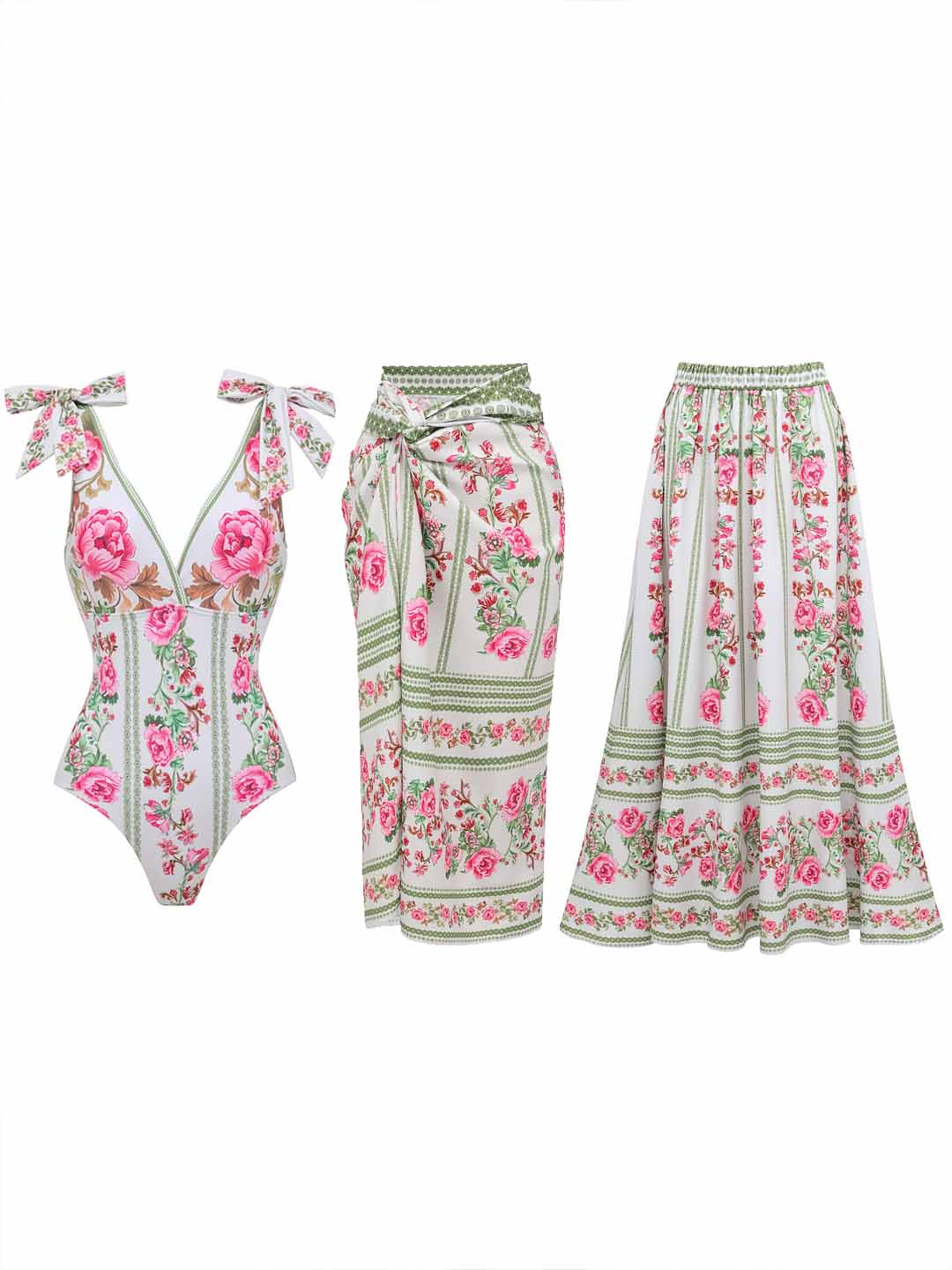 Fresh Pink Flower Print One-Piece Swimsuit Set