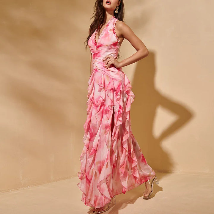 Pink Flower-dyed Halter Neck One Piece Swimsuit and Skirt