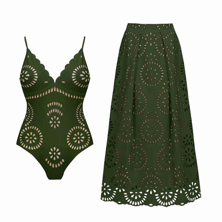 Army Green Cut-Out Floral Print One-Piece Swimsuit&Long Skirt