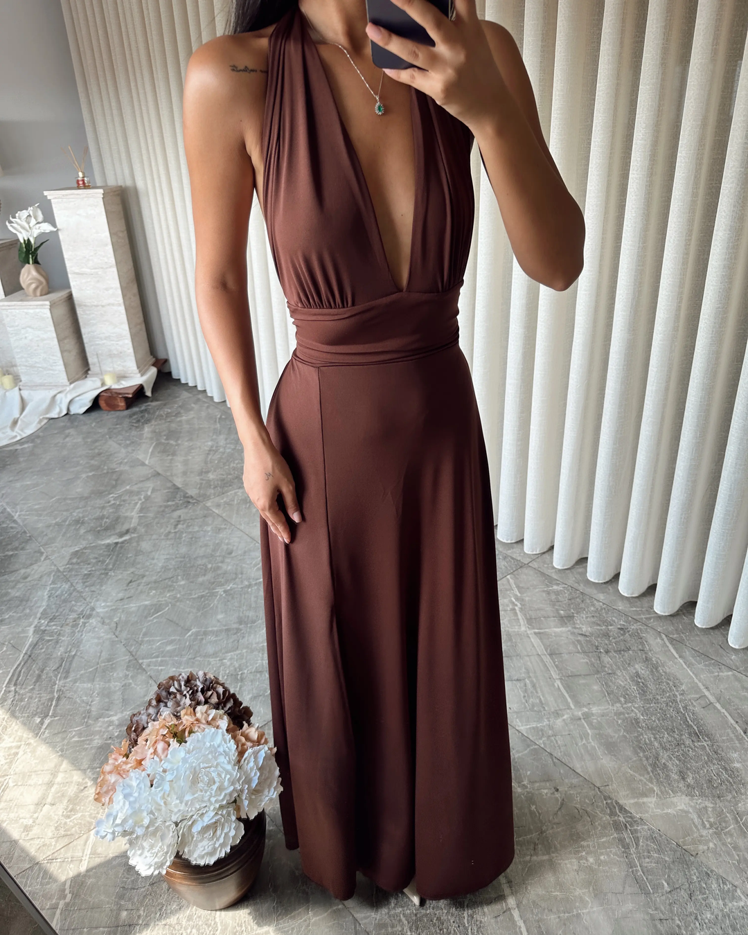 Pure Color Elegant Deep-V Maxi Dress - Brown