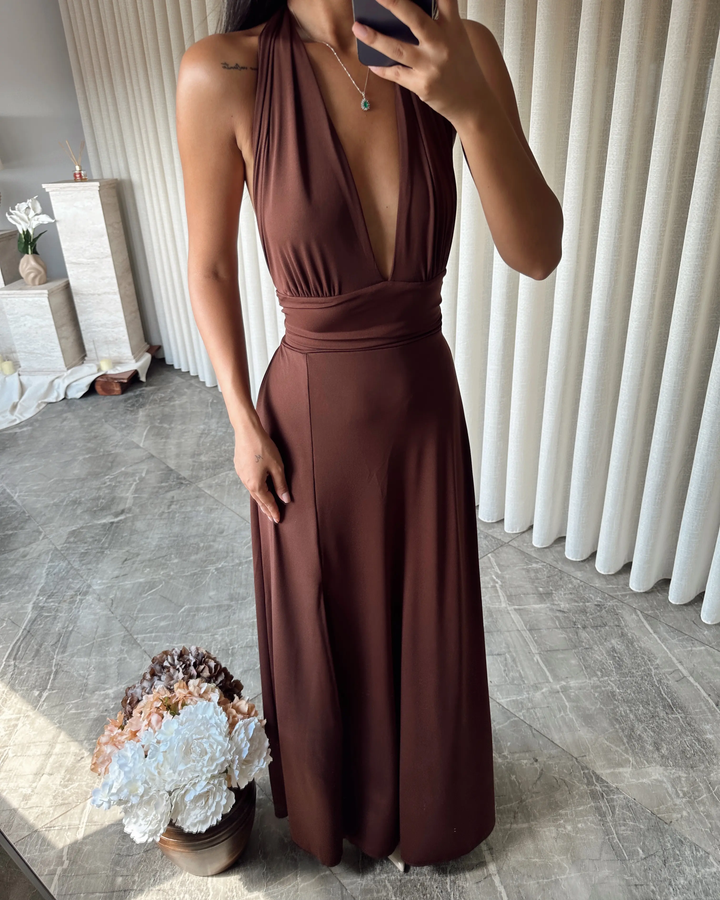 Pure Color Elegant Deep-V Maxi Dress - Brown