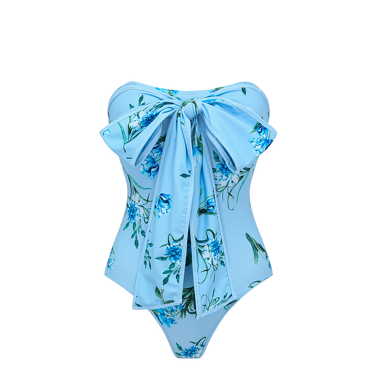 Bowknot Floral Printed One Piece Swimsuit and Skirt (Two Ways to Wear)