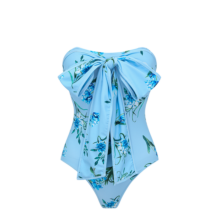 Bowknot Floral Printed One Piece Swimsuit and Skirt (Two Ways to Wear)