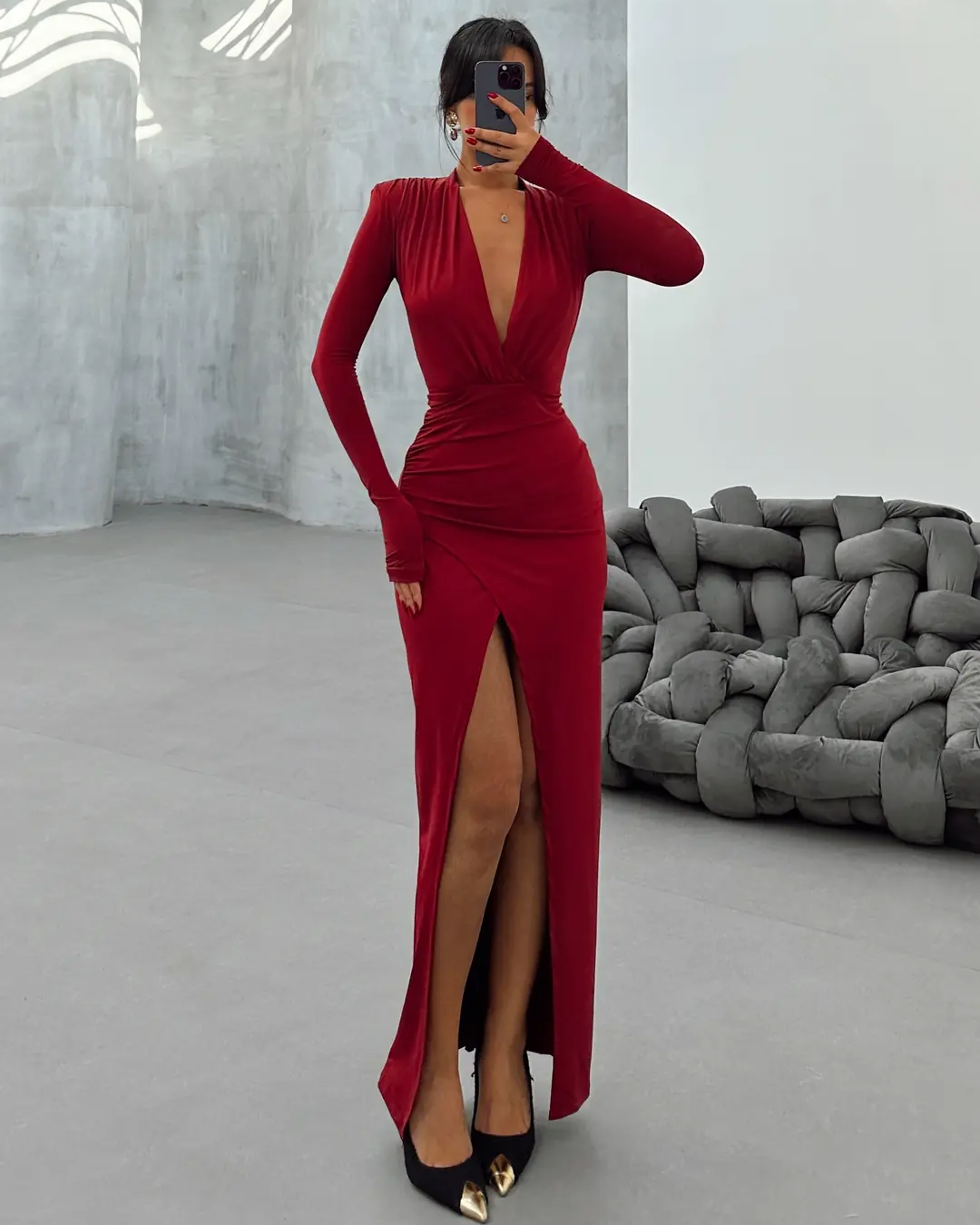 Pure Color Deep Slit Padded Dress - Wine