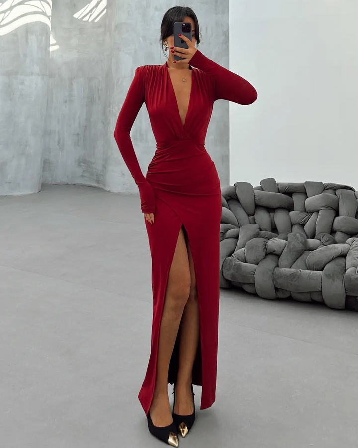 Pure Color Deep Slit Padded Dress - Wine