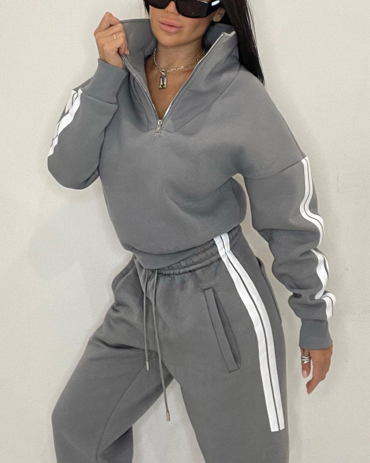 Women's Street Fashion Double White Borders Zipper Casual Set