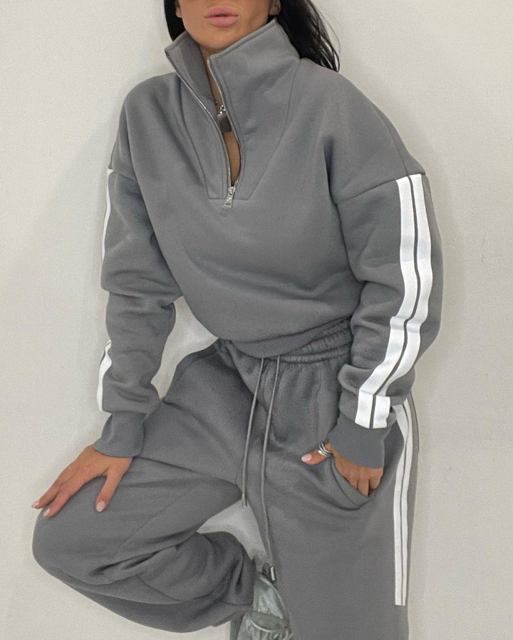 Women's Street Fashion Double White Borders Zipper Casual Set