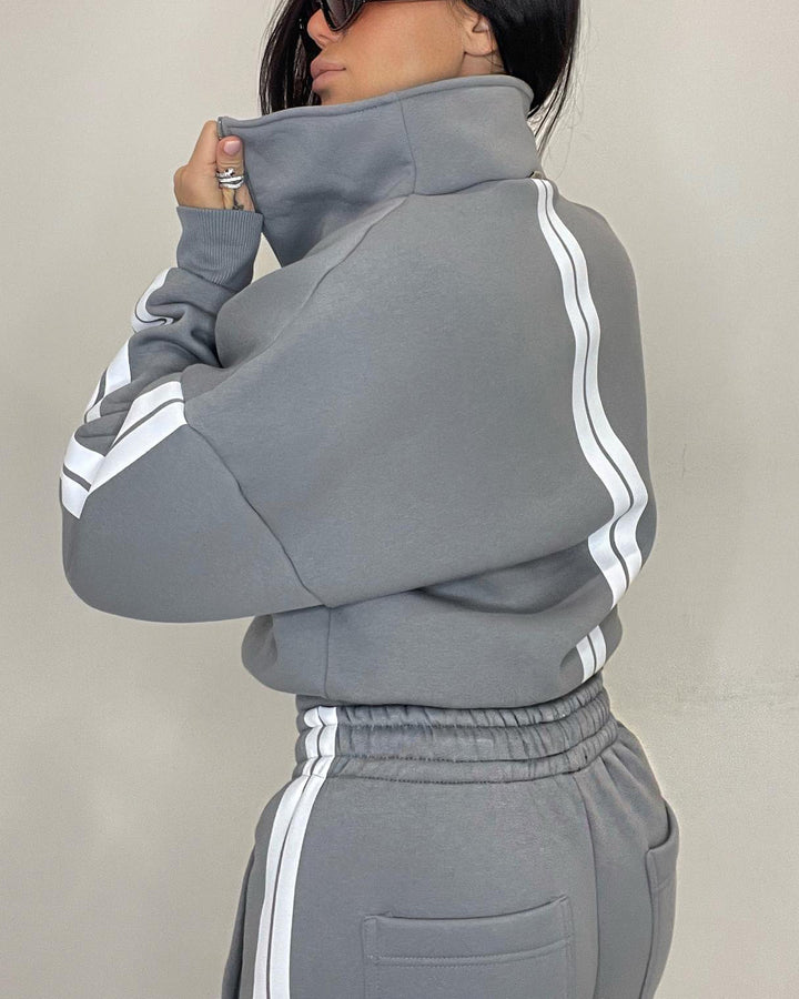 Women's Street Fashion Double White Borders Zipper Casual Set