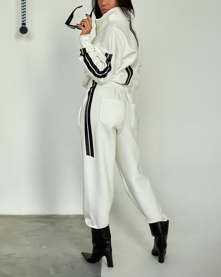 Women's Street Fashion Double Black Borders Zipper Casual Set