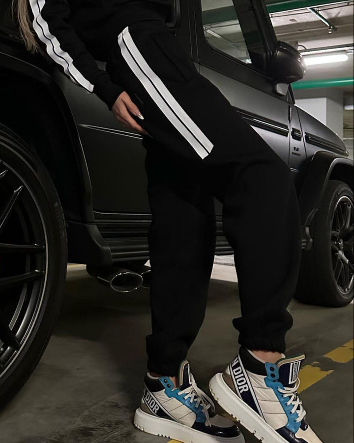 Women's Street Fashion Double White Borders Zipper Casual Set