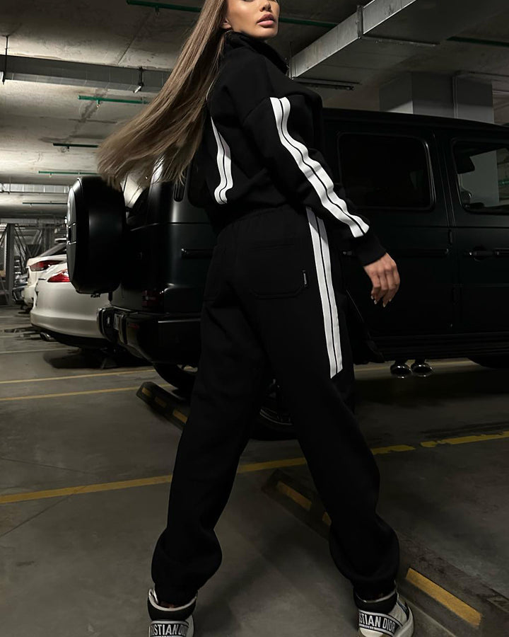 Women's Street Fashion Double White Borders Zipper Casual Set