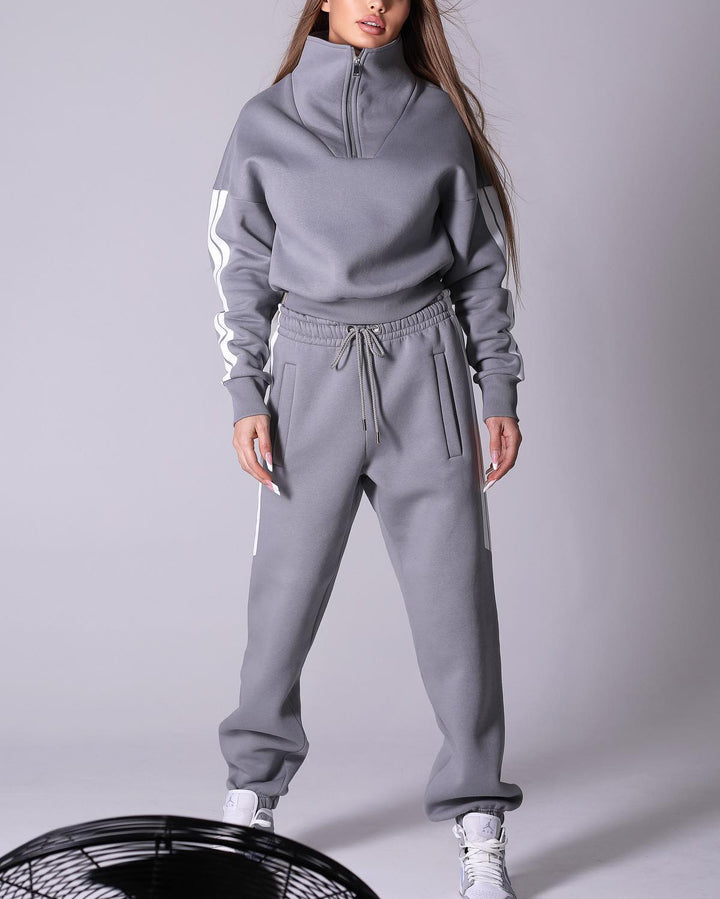 Women's Street Fashion Double White Borders Zipper Casual Set