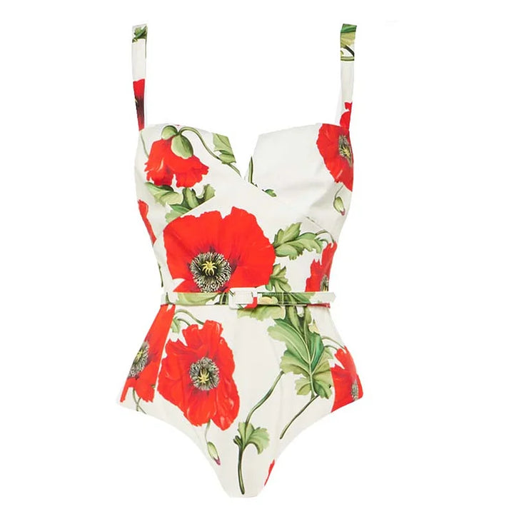 Poppy Flower Printed One Piece Swimsuit and Skirt