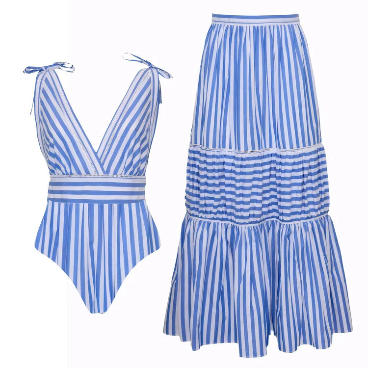 Blue Striped V-Neck One-Piece Swimsuit&Long Skirt